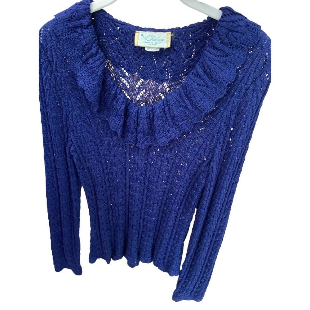 Vintage Inga Cherese Blue Knit Sweater Size S Ruffle Collar Open Weave